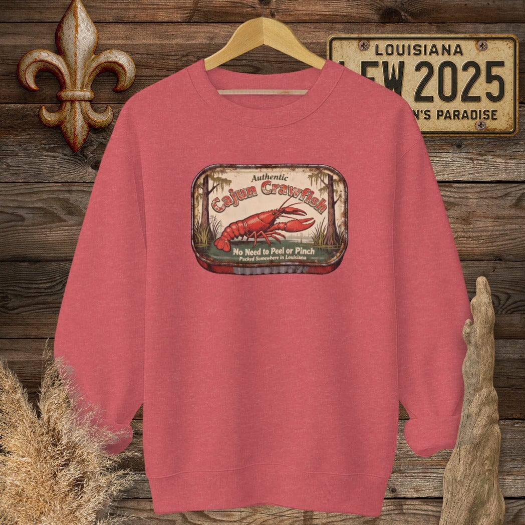 S / Heather Scarlet Red Louisiana Cajun Crawfish Tin sweatshirt by Laissez Faire Wear