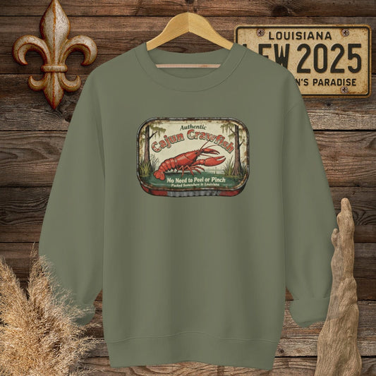 S / Military Green Louisiana Cajun Crawfish Tin sweatshirt by Laissez Faire Wear