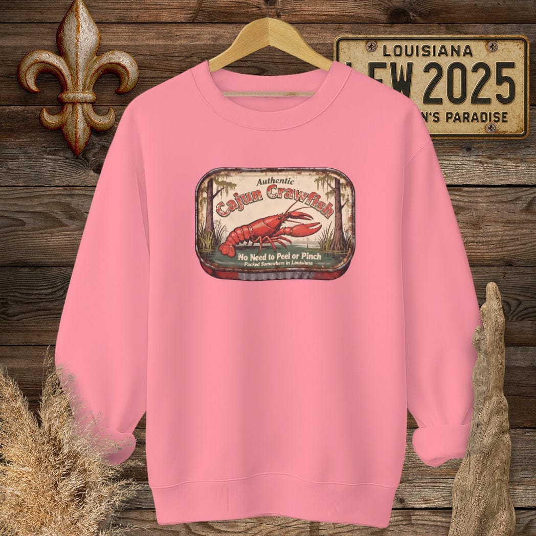 S / Safety Pink Louisiana Cajun Crawfish Tin sweatshirt by Laissez Faire Wear