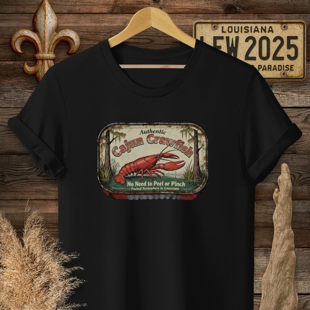 S / Black Louisiana Cajun Crawfish Tin T-Shirt by Laissez Faire Wear