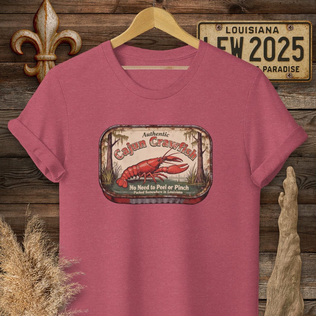 S / Heather Cardinal Louisiana Cajun Crawfish Tin T-Shirt by Laissez Faire Wear