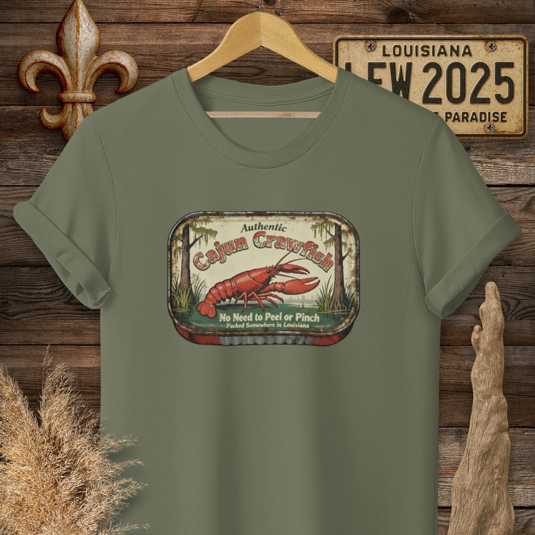 S / Military Green Louisiana Cajun Crawfish Tin T-Shirt by Laissez Faire Wear