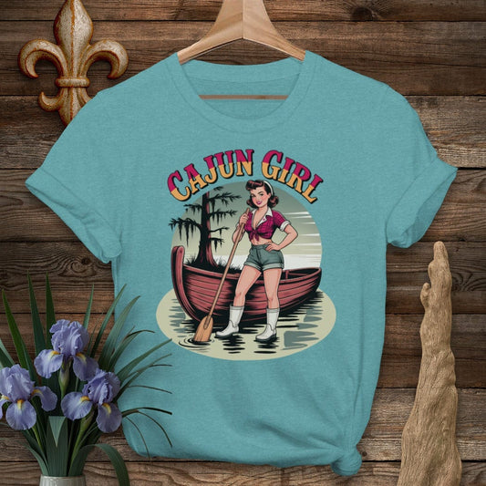 S / Heather Galapagos Blue Louisiana Cajun Girl Pinup T-Shirt by Laissez Faire Wear
