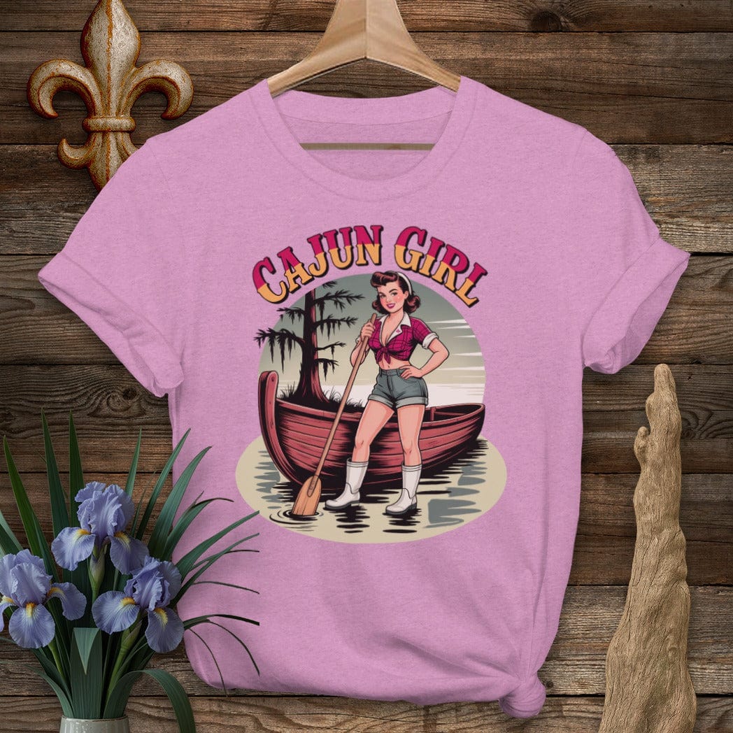 S / Heather Radiant Orchid Louisiana Cajun Girl Pinup T-Shirt by Laissez Faire Wear