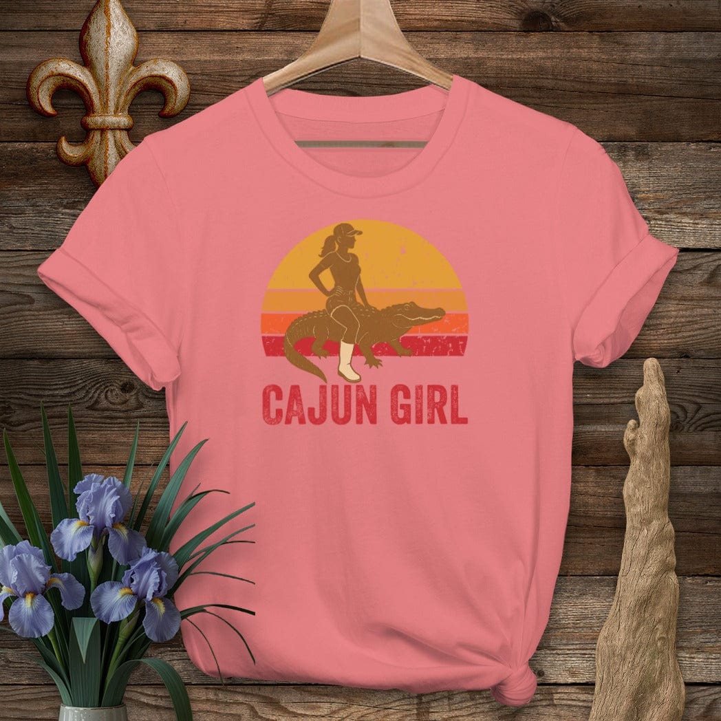 S / Coral Silk Louisiana Cajun Girl Retro T-Shirt by Laissez Faire Wear