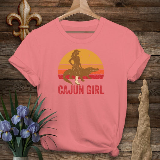S / Coral Silk Louisiana Cajun Girl Retro T-Shirt by Laissez Faire Wear