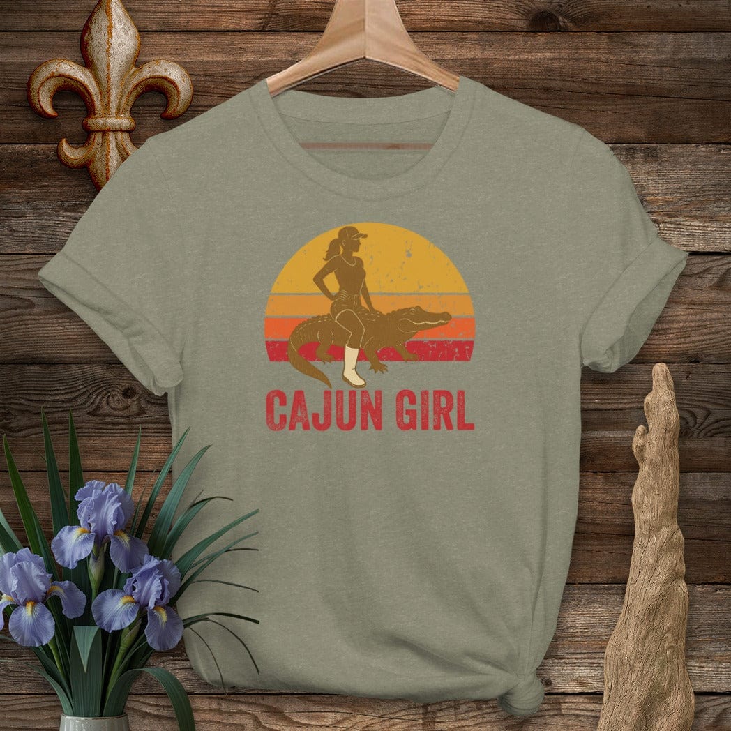 S / Heather Military Green Louisiana Cajun Girl Retro T-Shirt by Laissez Faire Wear