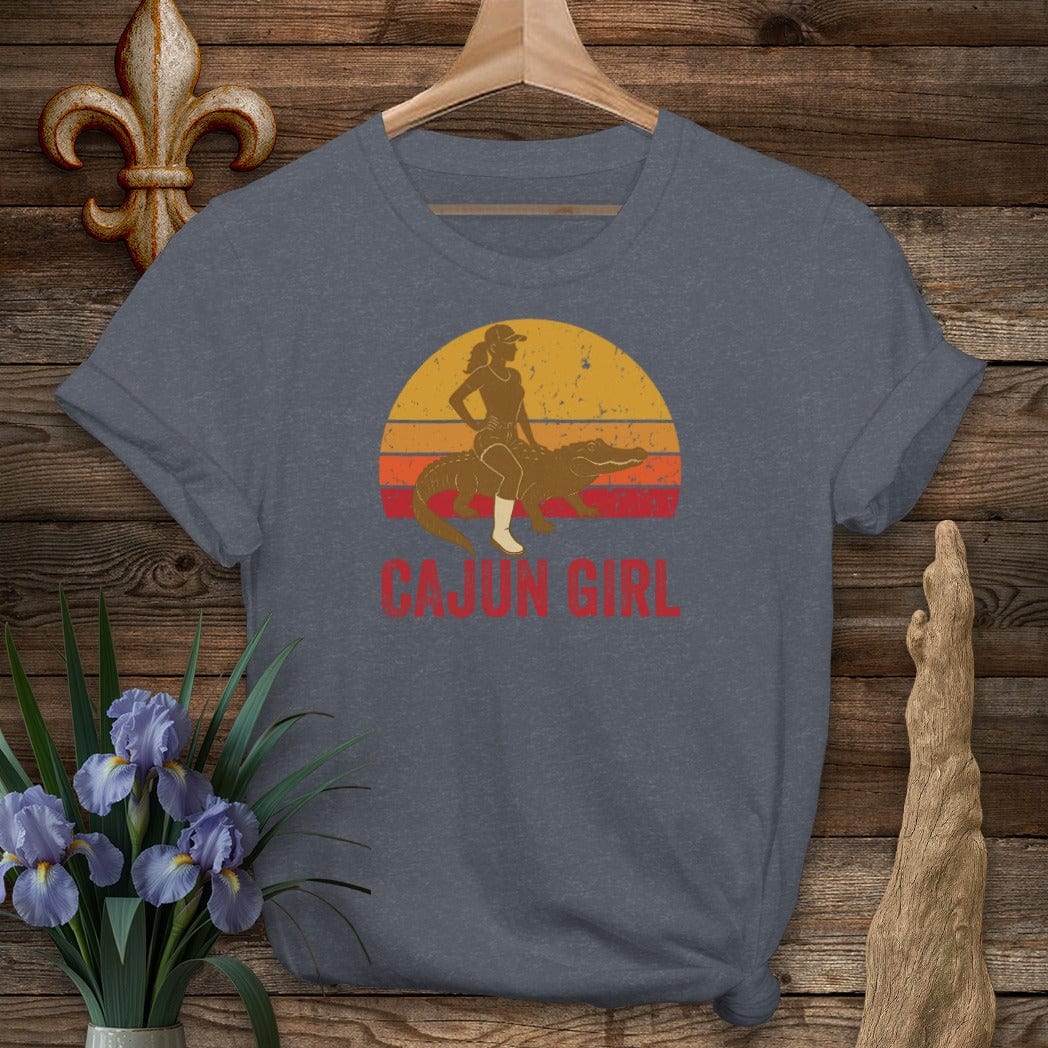 S / Heather Navy Louisiana Cajun Girl Retro T-Shirt by Laissez Faire Wear
