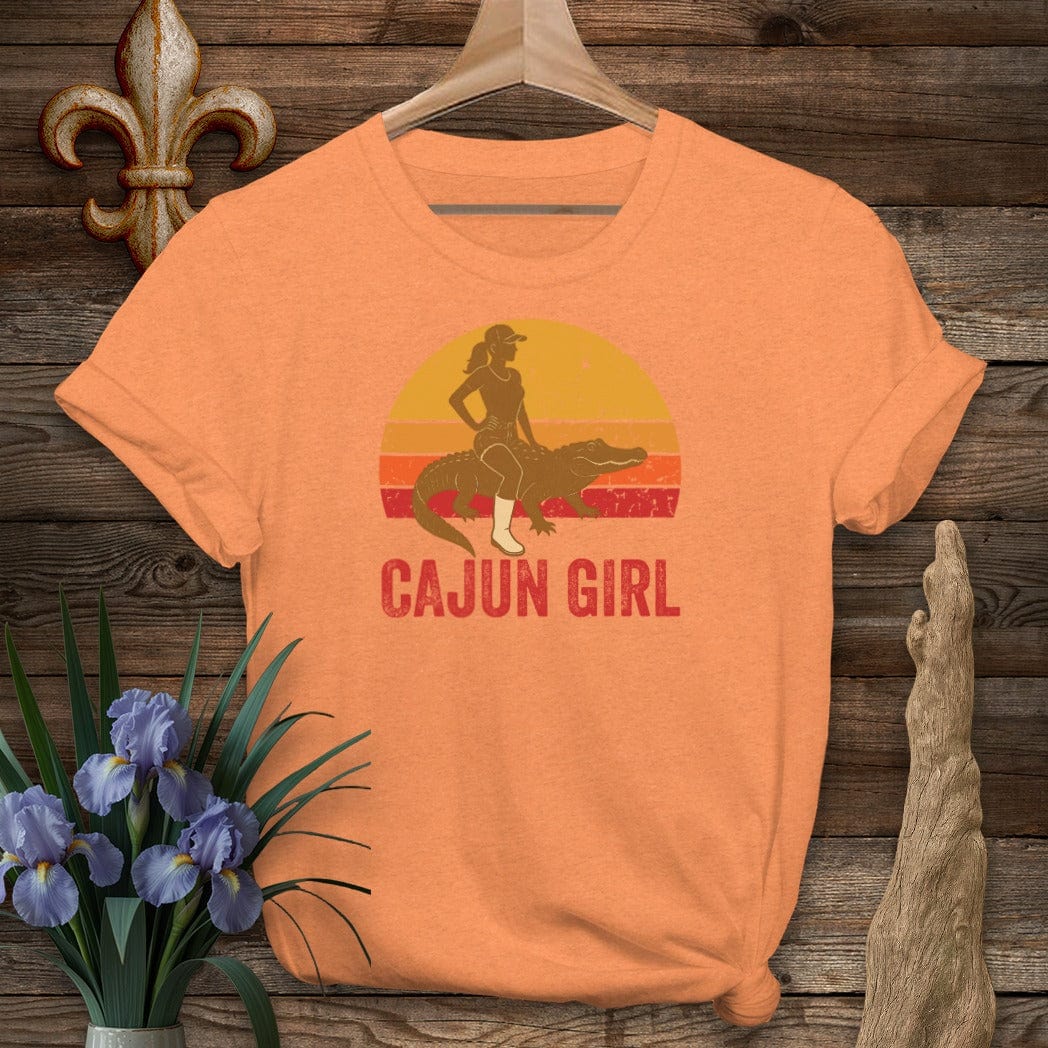 S / Heather Orange Louisiana Cajun Girl Retro T-Shirt by Laissez Faire Wear