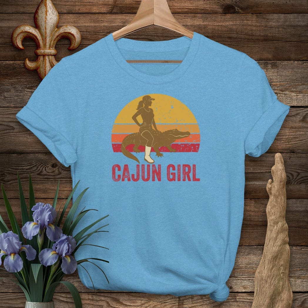 S / Heather Sapphire Louisiana Cajun Girl Retro T-Shirt by Laissez Faire Wear