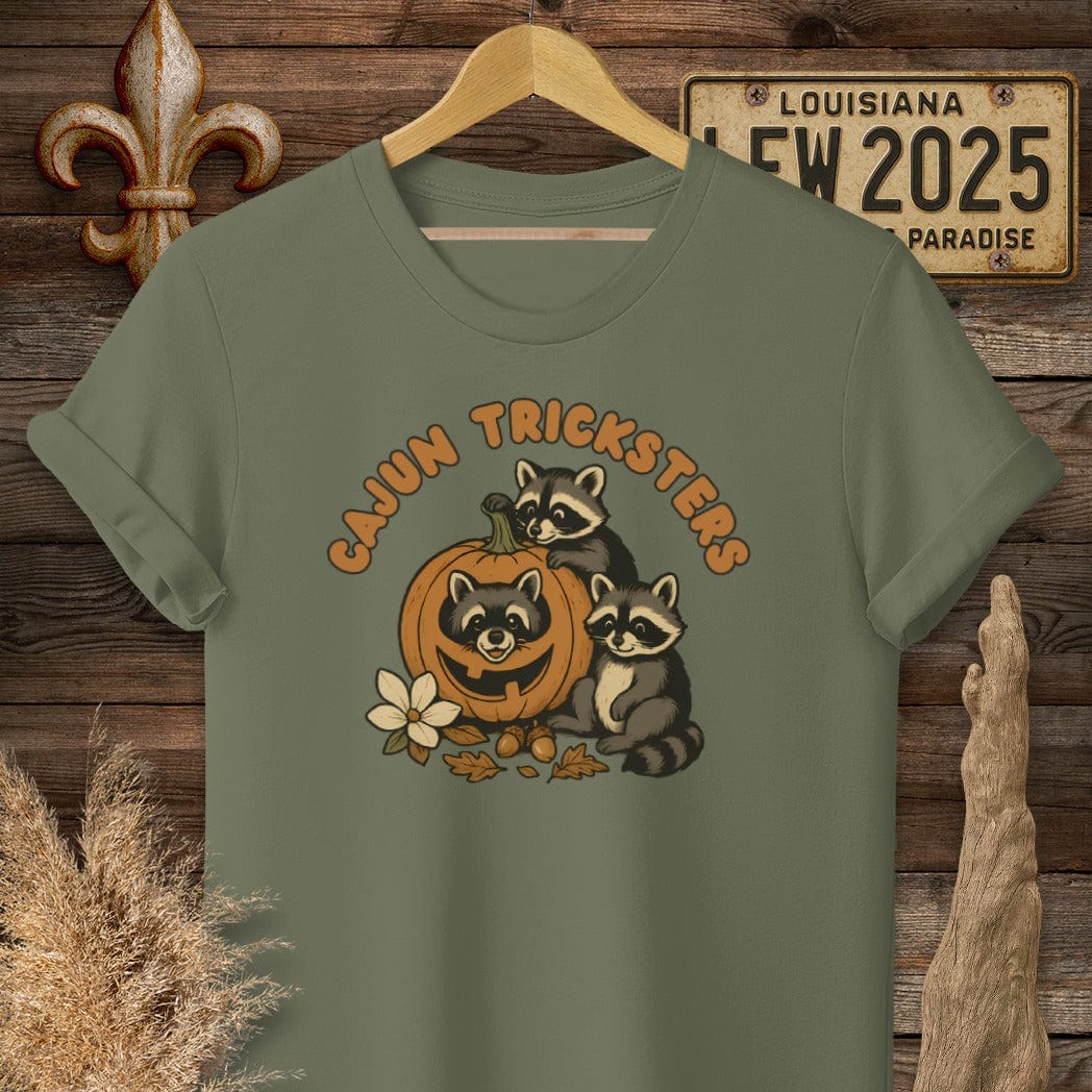 S / Military Green Louisiana Cajun Tricksters Halloween T-Shirt by Laissez Faire Wear