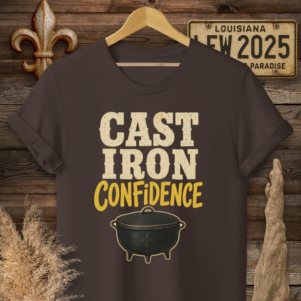 S / Dark Chocolate Louisiana Cast Iron Confidence T-Shirt by Laissez Faire Wear