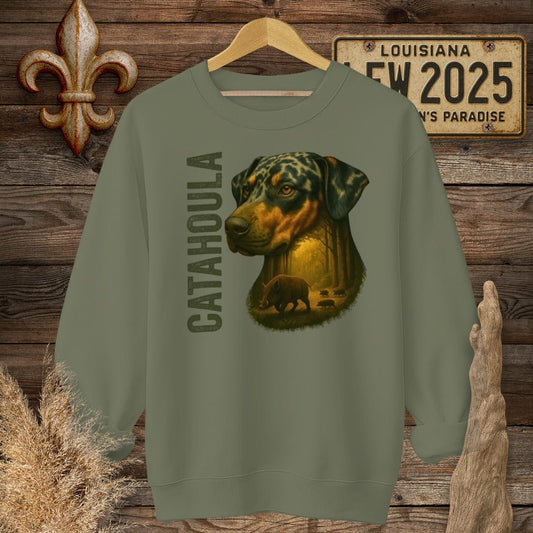 S / Military Green Louisiana Catahoula Hunting Dog Sweatshirt by Laissez Faire Wear