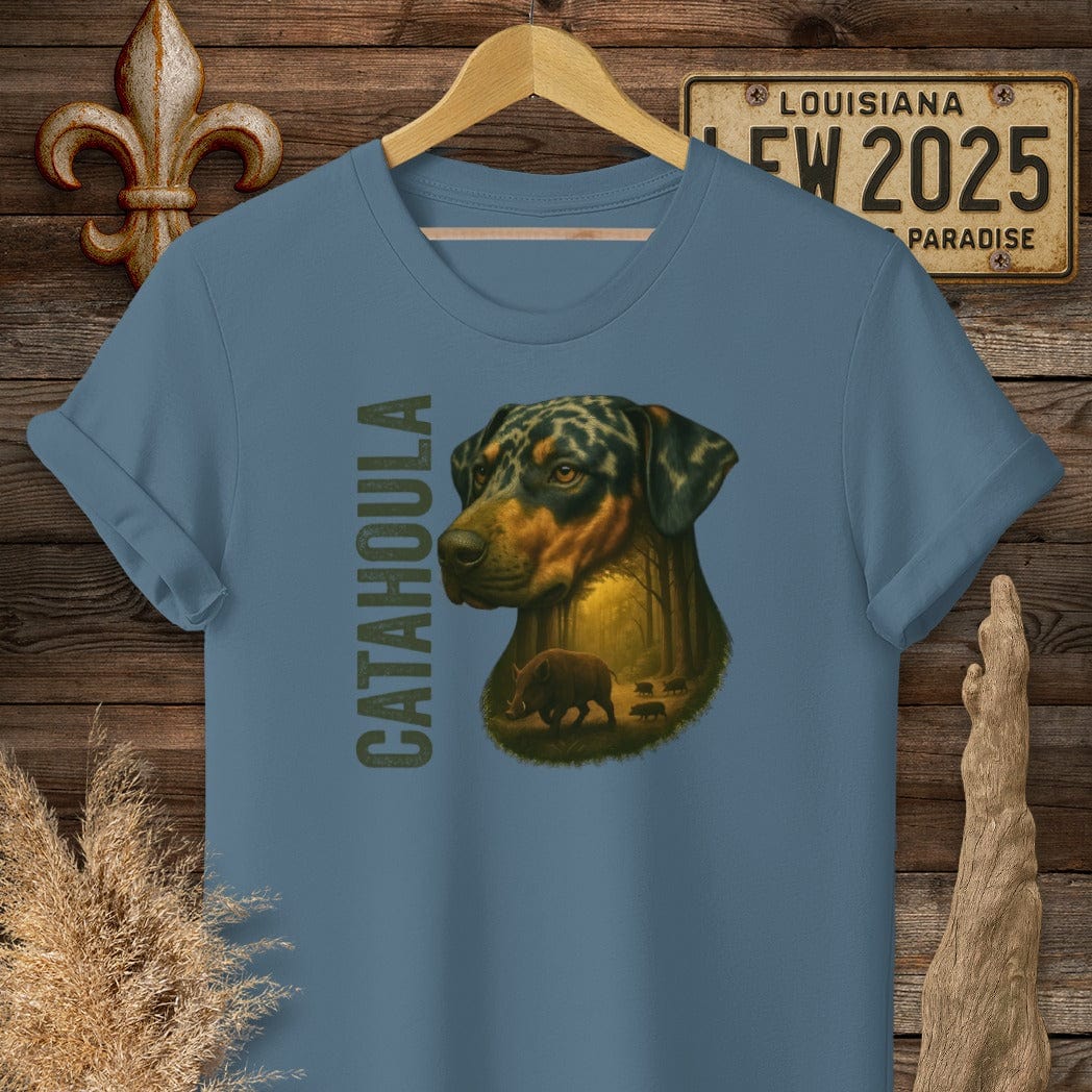 S / Indigo Blue Louisiana Catahoula Hunting Dog T-Shirt by Laissez Faire Wear