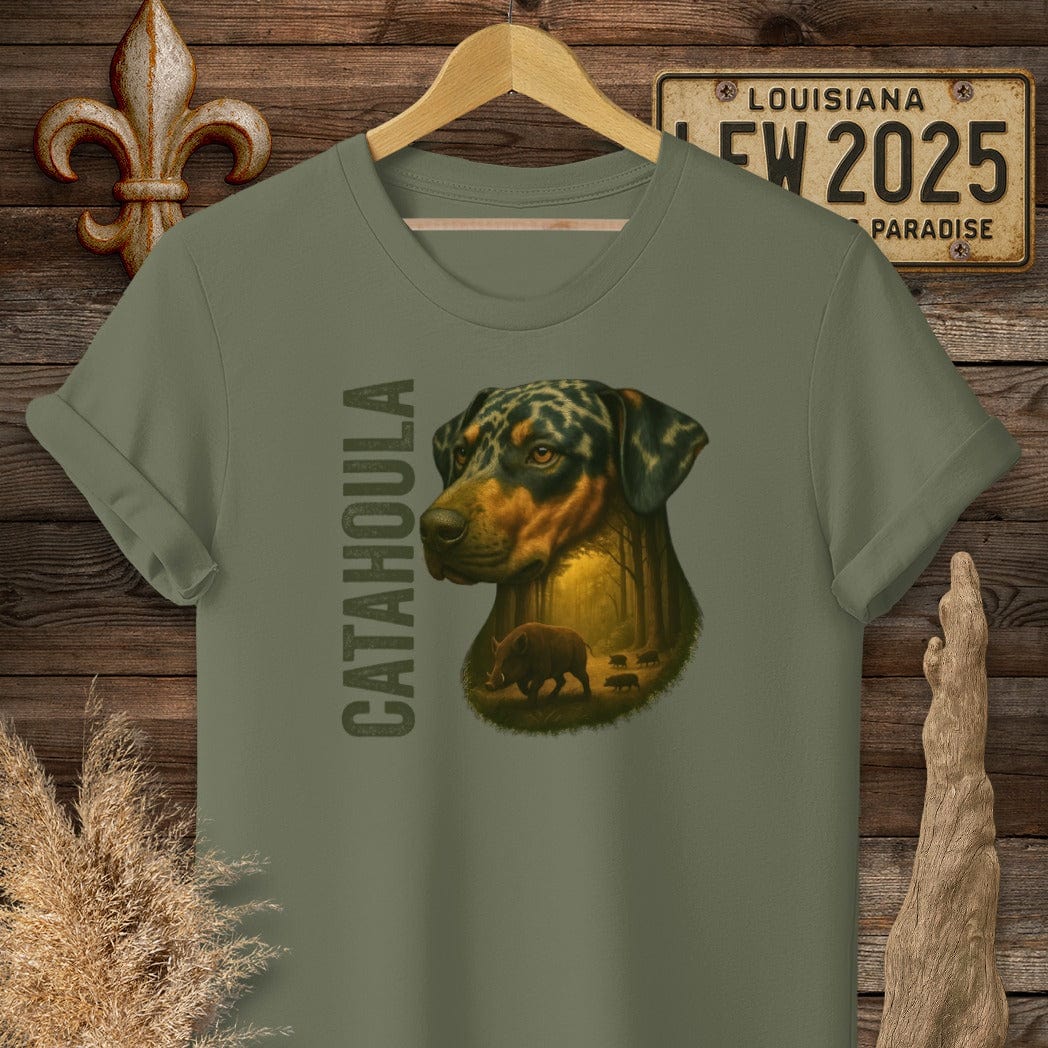 S / Military Green Louisiana Catahoula Hunting Dog T-Shirt by Laissez Faire Wear