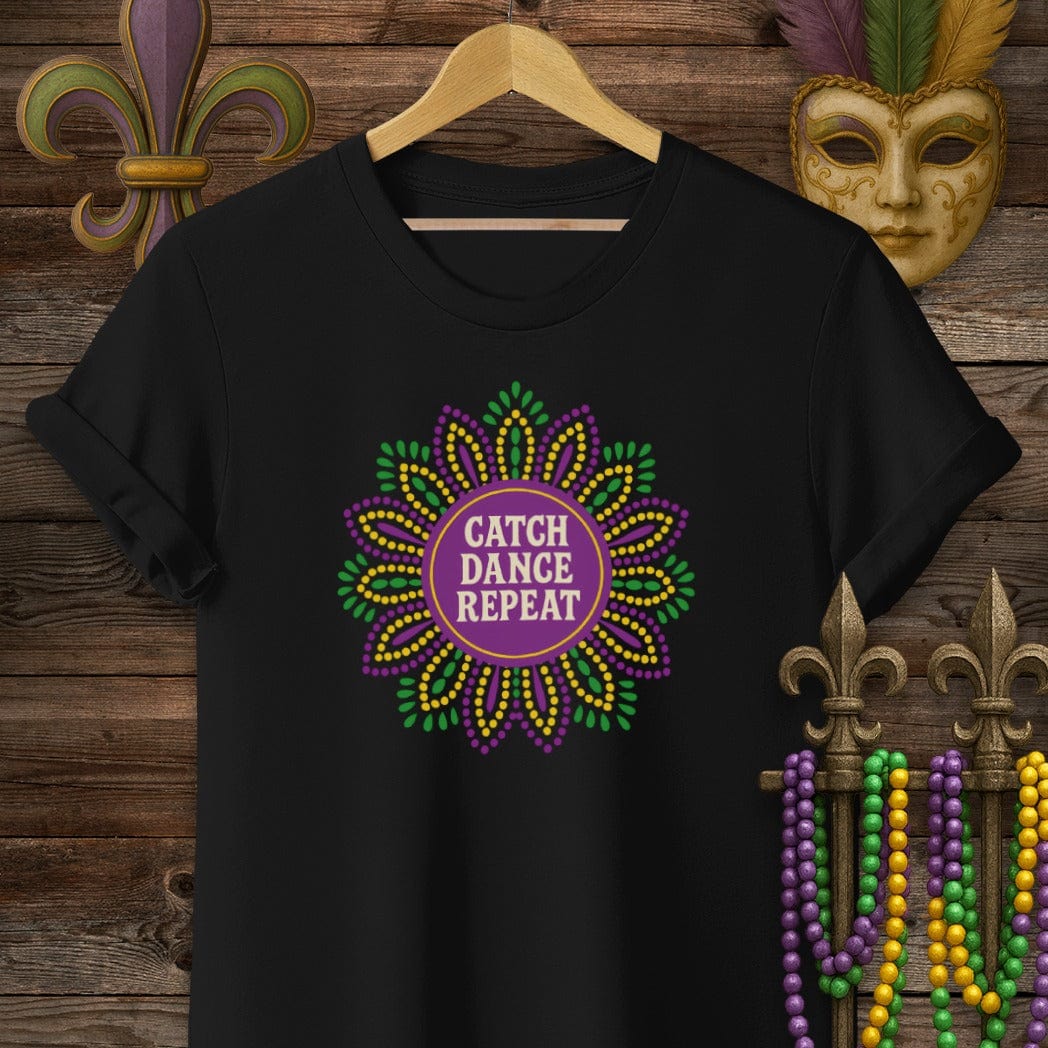 S / Black Louisiana Catch Dance Repeat Mardi Gras T-Shirt by Laissez Faire Wear