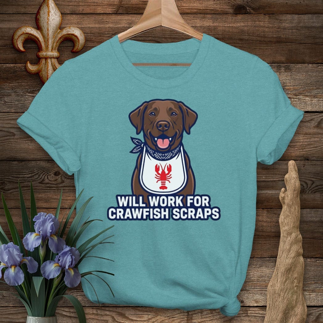 S / Heather Galapagos Blue Louisiana Choc Lab Crawfish Scraps Tee by Laissez Faire Wear