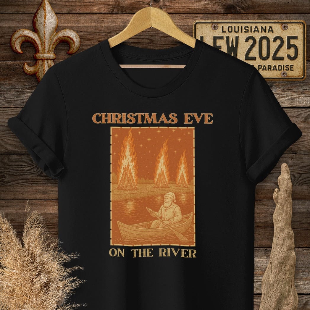 S / Black Louisiana Christmas Eve on the River T-Shirt by Laissez Faire Wear