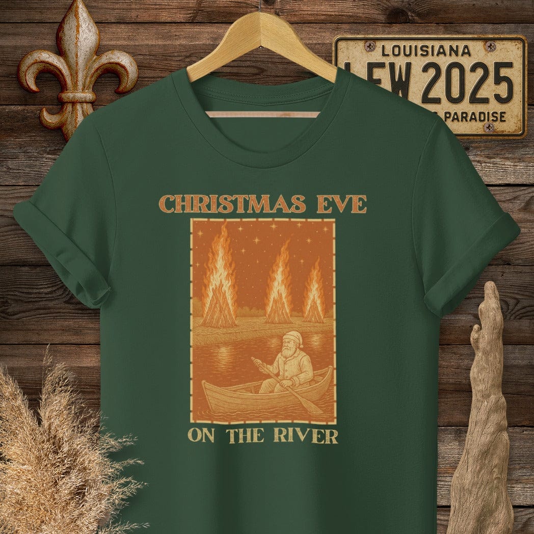 S / Forest Green Louisiana Christmas Eve on the River T-Shirt by Laissez Faire Wear