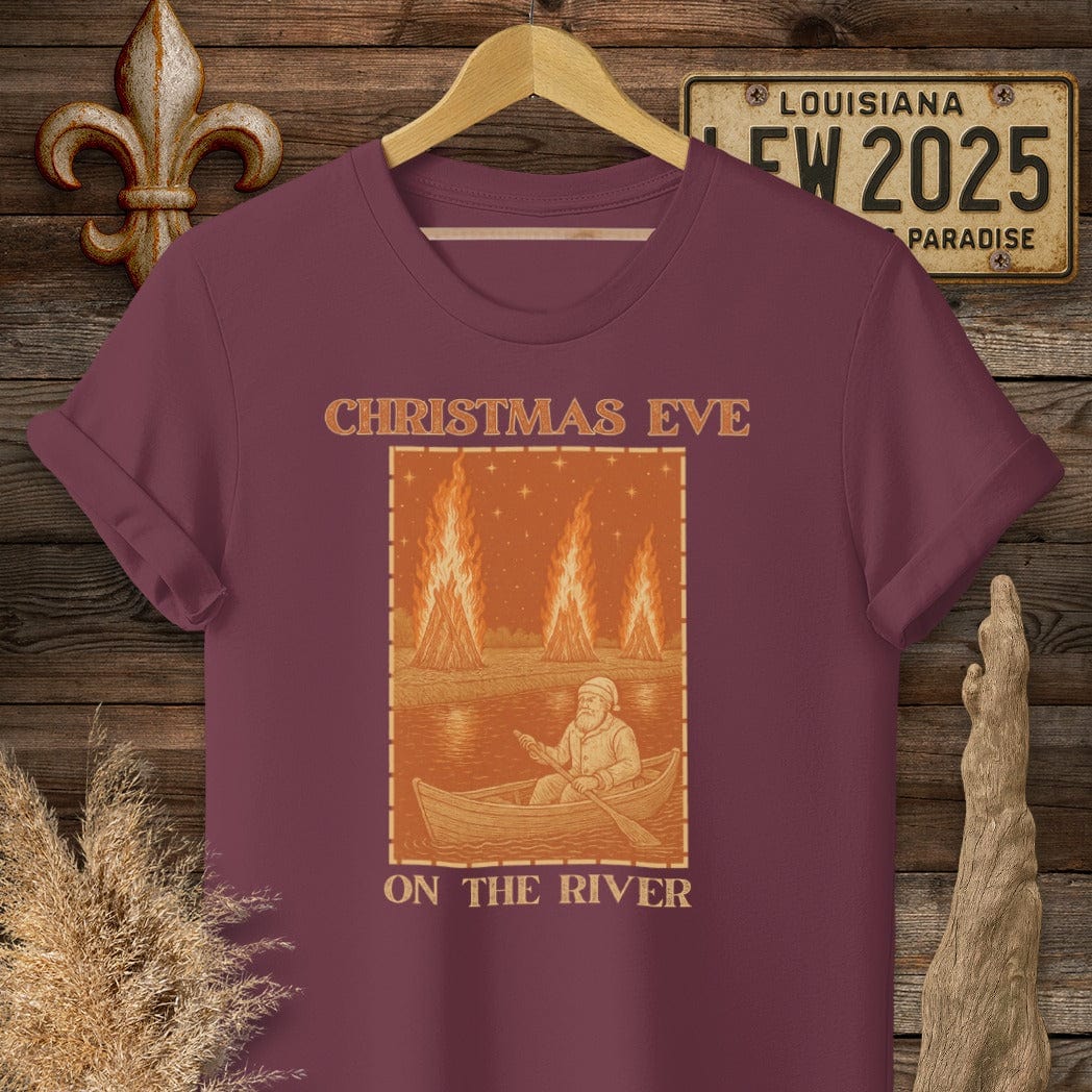 S / Maroon Louisiana Christmas Eve on the River T-Shirt by Laissez Faire Wear