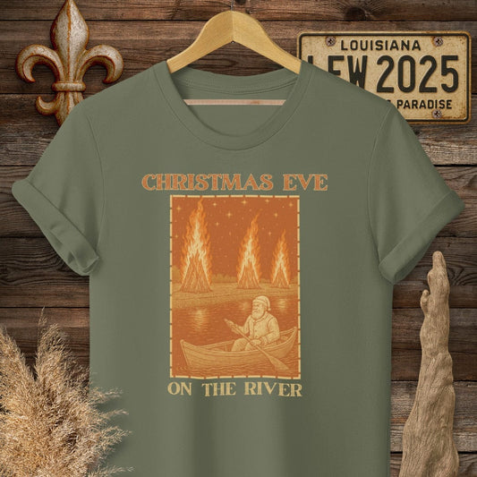 S / Military Green Louisiana Christmas Eve on the River T-Shirt by Laissez Faire Wear
