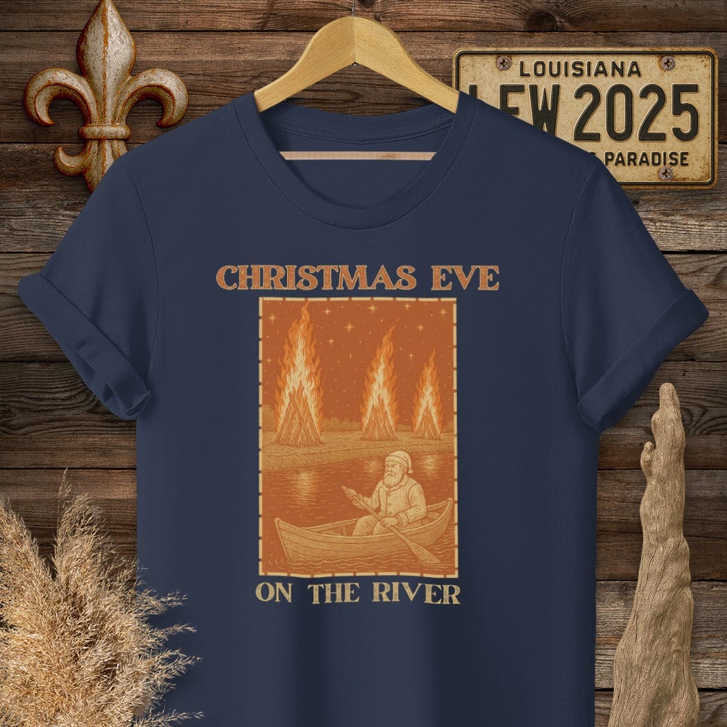 S / Navy Louisiana Christmas Eve on the River T-Shirt by Laissez Faire Wear