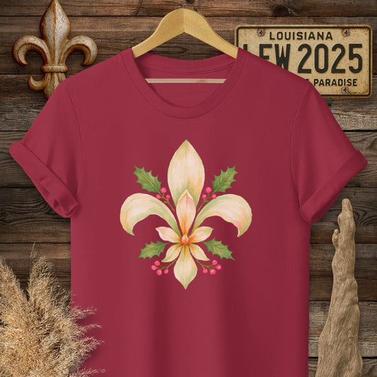 S / Cardinal Red Louisiana Christmas Fleur T-Shirt by Laissez Faire Wear