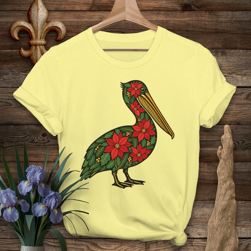 S / Cornsilk Louisiana Christmas Pelican T-Shirt by Laissez Faire Wear