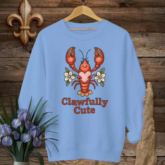 S / Carolina Blue Louisiana Clawfully Cute Crawfish Sweatshirt by Laissez Faire Wear