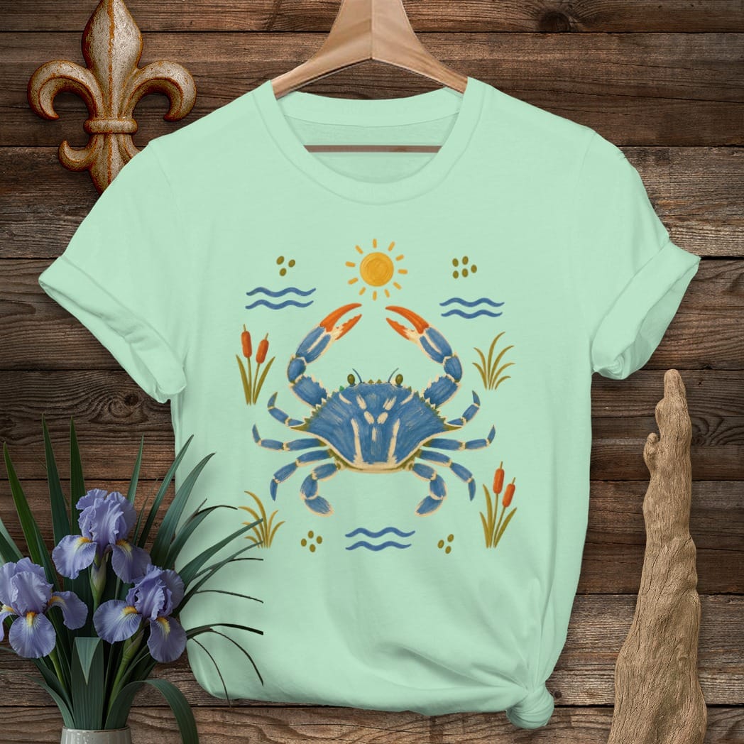 S / Mint Green Louisiana Coastal Blue Crab T-Shirt by Laissez Faire Wear