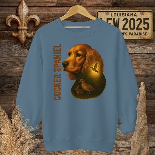 S / Indigo Blue Louisiana Cocker Spaniel Hunting Dog Sweatshirt by Laissez Faire Wear