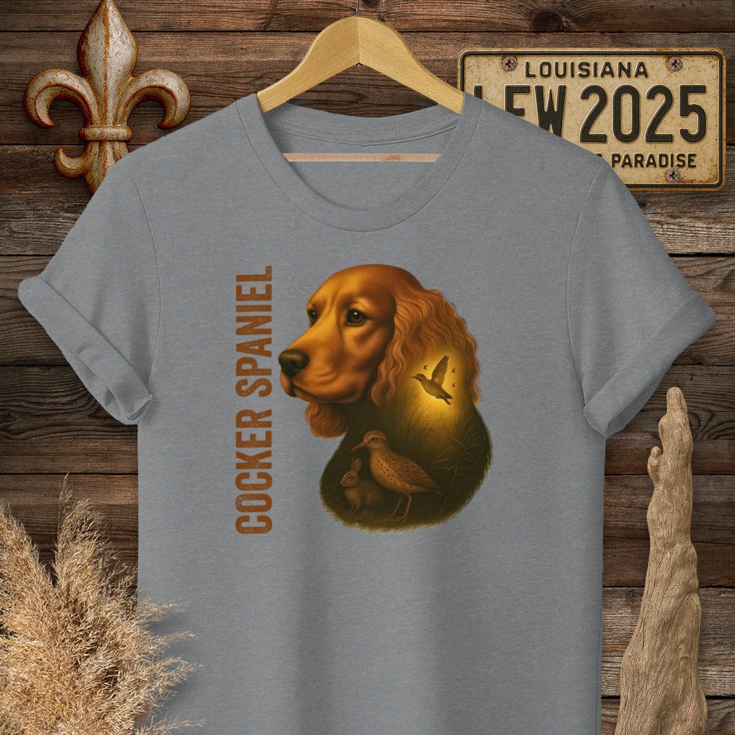 S / Graphite Heather Louisiana Cocker Spaniel Hunting Dog T-Shirt by Laissez Faire Wear