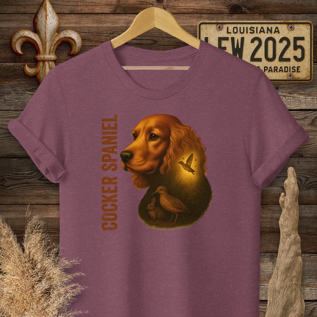 S / Heather Maroon Louisiana Cocker Spaniel Hunting Dog T-Shirt by Laissez Faire Wear