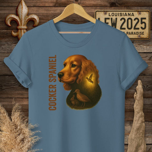 S / Indigo Blue Louisiana Cocker Spaniel Hunting Dog T-Shirt by Laissez Faire Wear