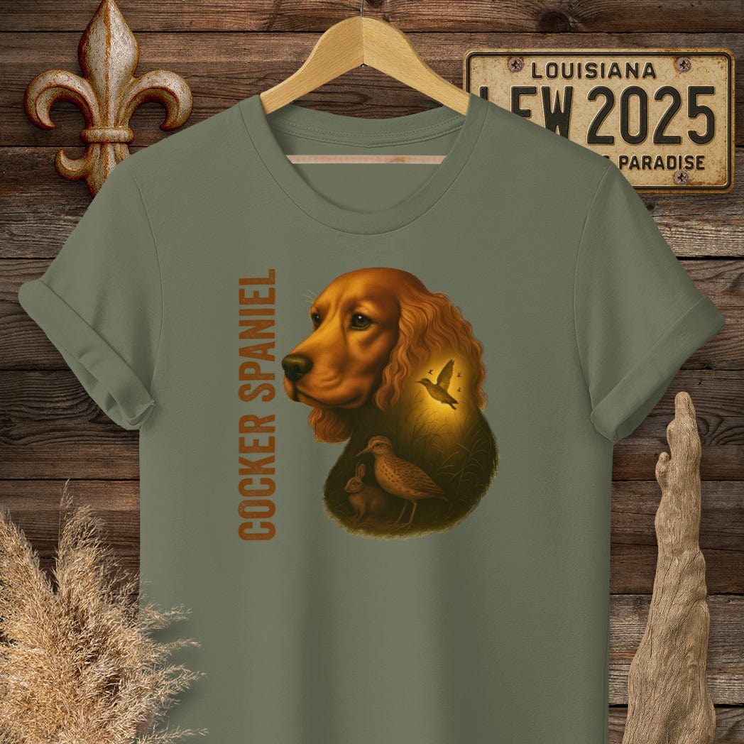 S / Military Green Louisiana Cocker Spaniel Hunting Dog T-Shirt by Laissez Faire Wear