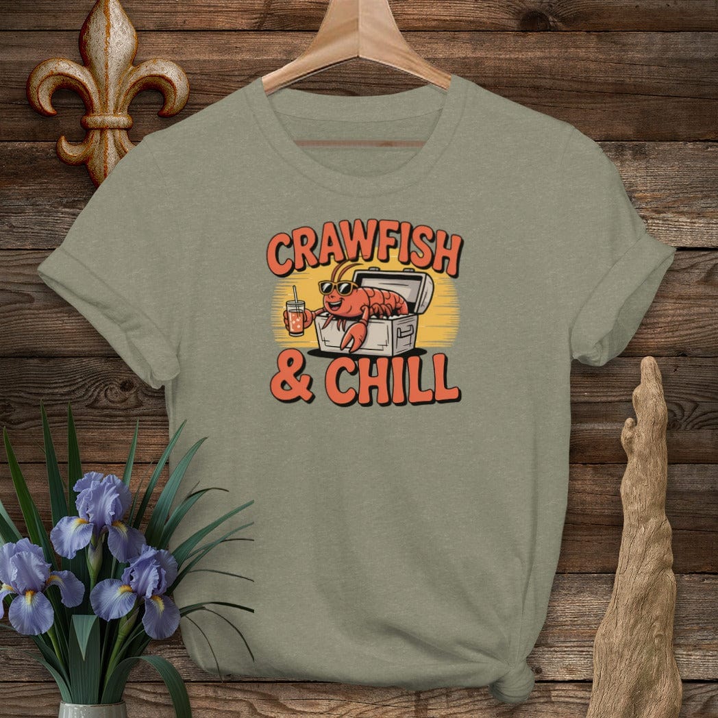 S / Heather Military Green Louisiana Crawfish and Chill T-Shirt by Laissez Faire Wear