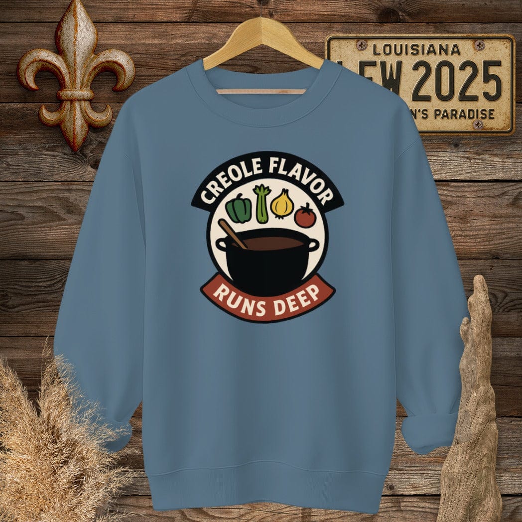 S / Indigo Blue Louisiana Creole Flavor Runs Deep Sweatshirt by Laissez Faire Wear
