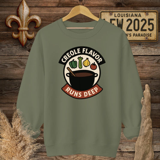 S / Military Green Louisiana Creole Flavor Runs Deep Sweatshirt by Laissez Faire Wear
