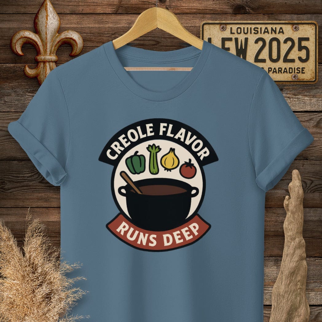 S / Indigo Blue Louisiana Creole Flavor Runs Deep T-Shirt by Laissez Faire Wear