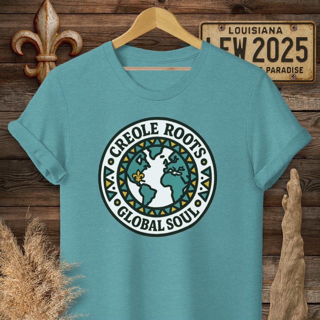 S / Heather Galapagos Blue Louisiana Creole Roots Global Soul T-Shirt by Laissez Faire Wear