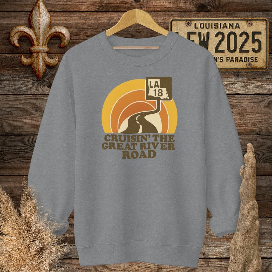 S / Graphite Heather Louisiana Cruisin' The Great River Road Retro Sweatshirt by Laissez Faire Wear