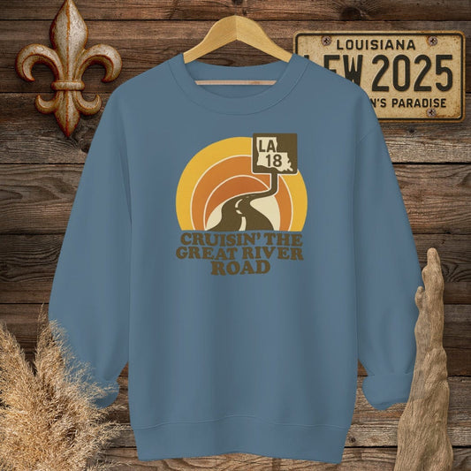 S / Indigo Blue Louisiana Cruisin' The Great River Road Retro Sweatshirt by Laissez Faire Wear