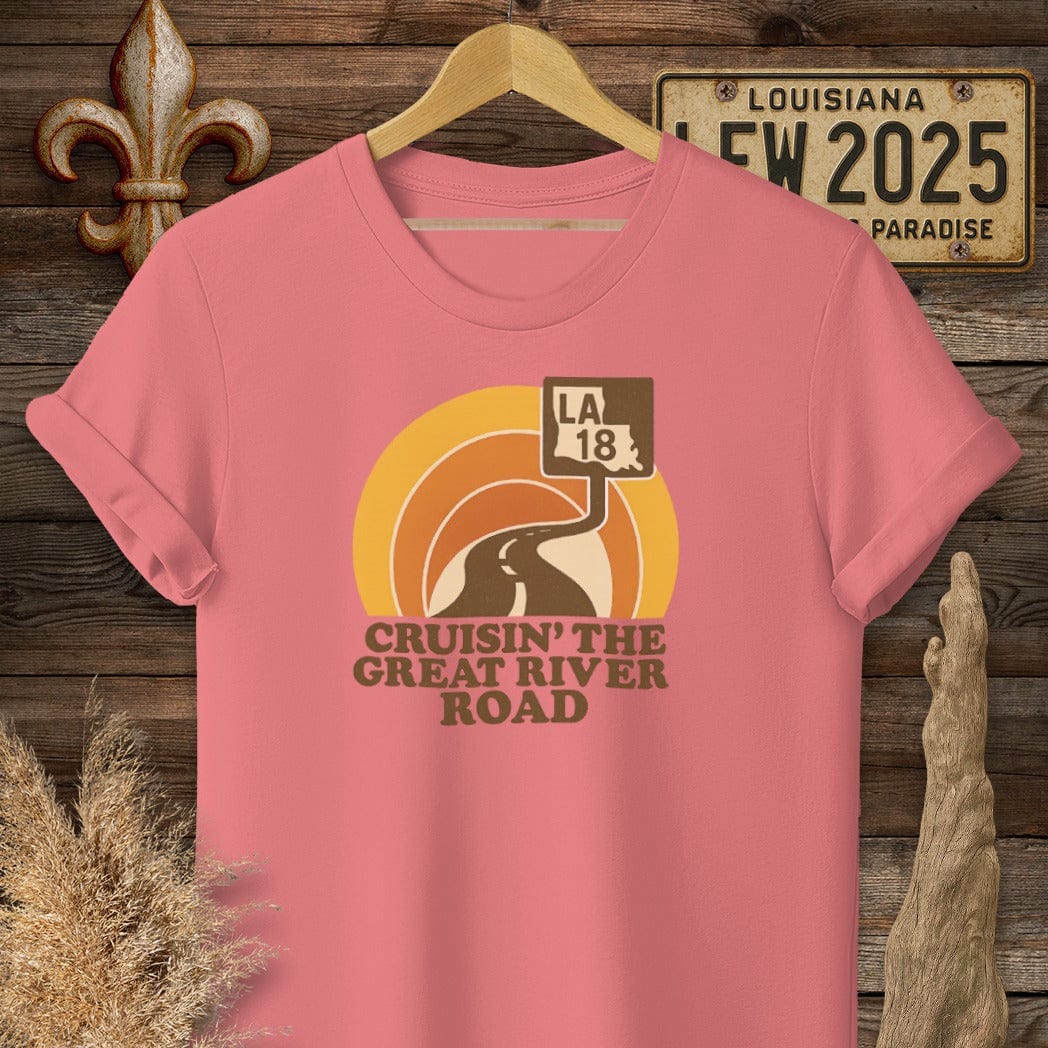 S / Coral Silk Louisiana Cruisin' The Great River Road Retro T-Shirt by Laissez Faire Wear