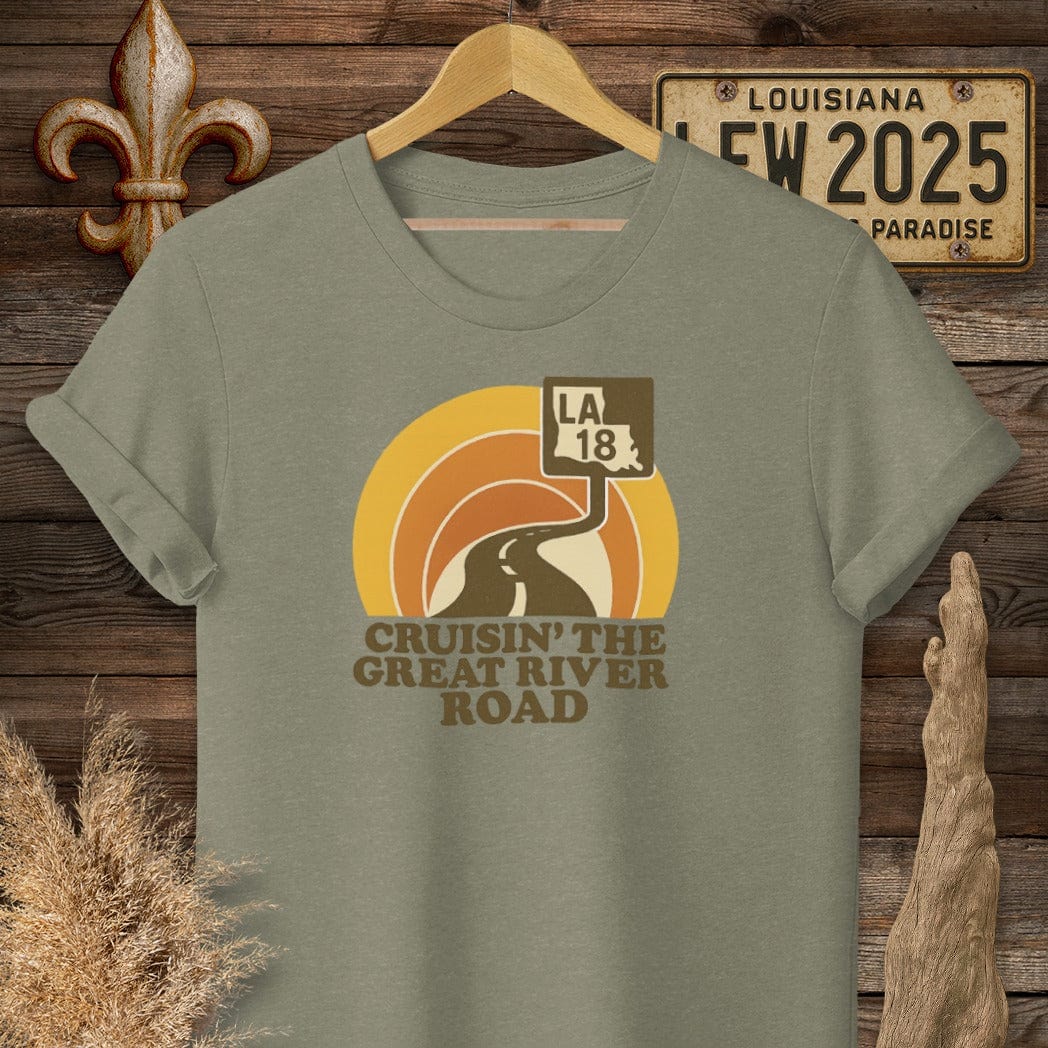 S / Heather Military Green Louisiana Cruisin' The Great River Road Retro T-Shirt by Laissez Faire Wear