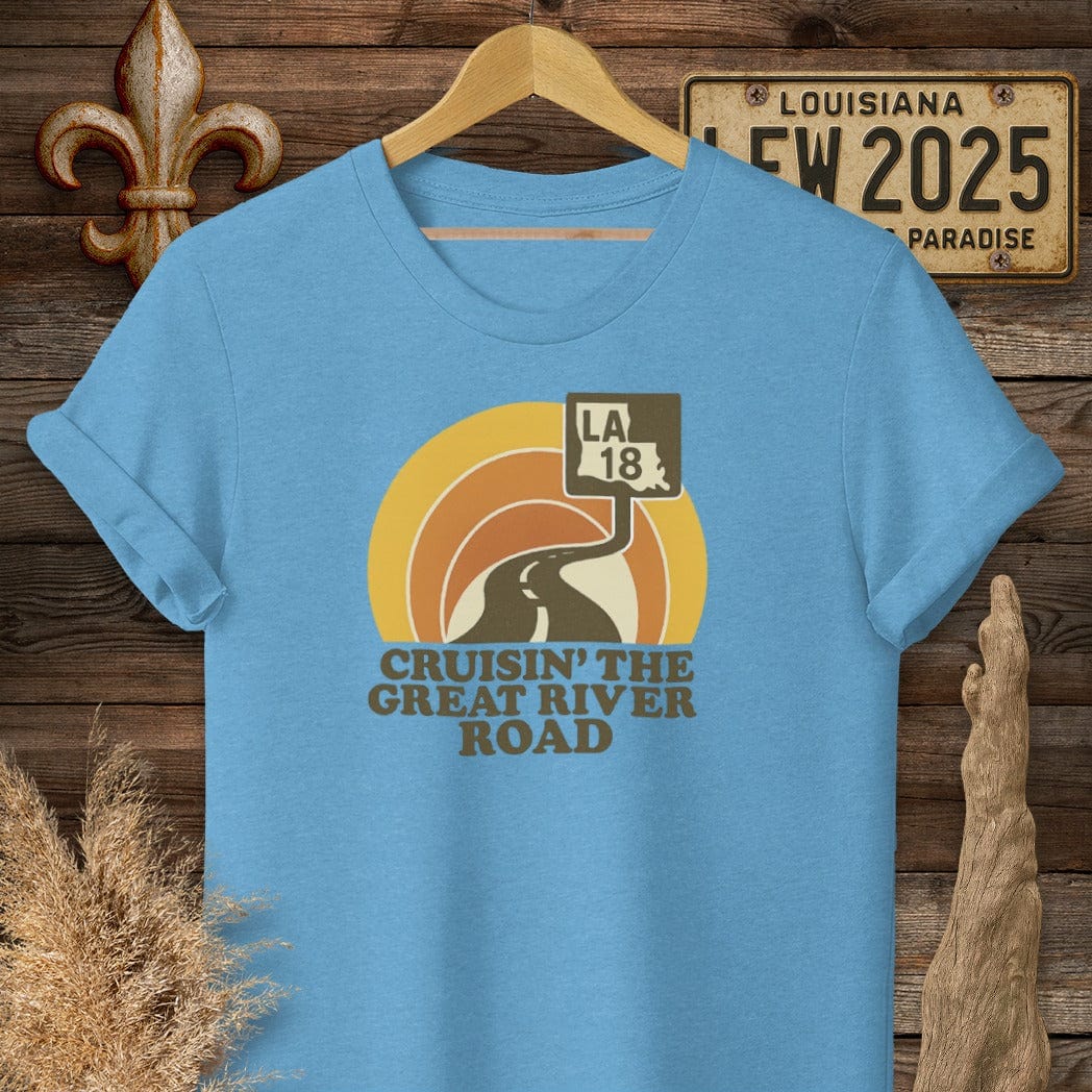 S / Heather Sapphire Louisiana Cruisin' The Great River Road Retro T-Shirt by Laissez Faire Wear