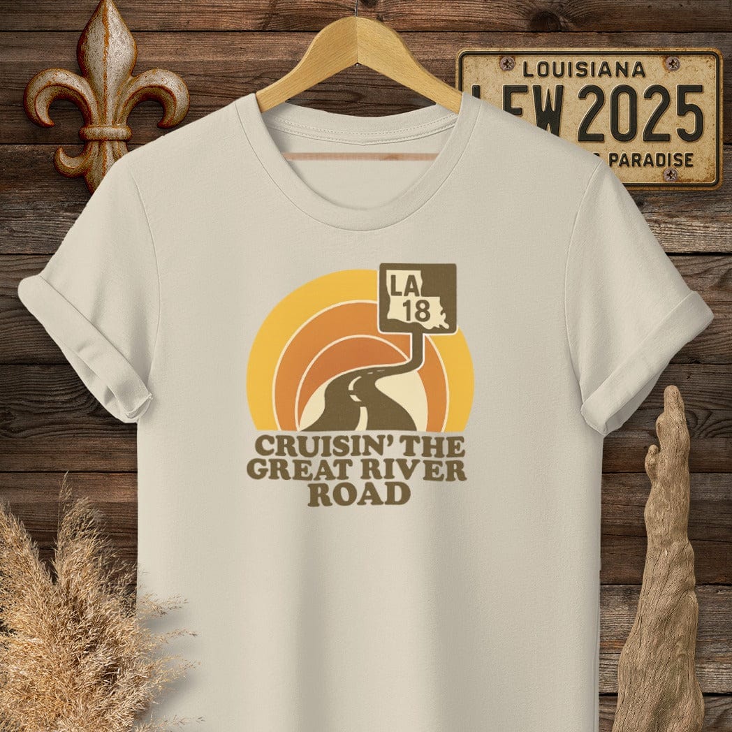 S / Sand Louisiana Cruisin' The Great River Road Retro T-Shirt by Laissez Faire Wear