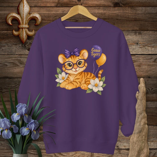S / Purple Louisiana Cute Kitty - Geaux Tigers Game Day Sweatshirt by Laissez Faire Wear