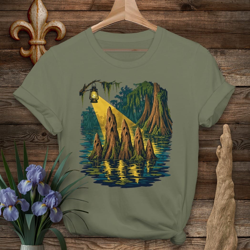 S / Military Green Louisiana Cypress Knee Ghost Choir T-Shirt by Laissez Faire Wear