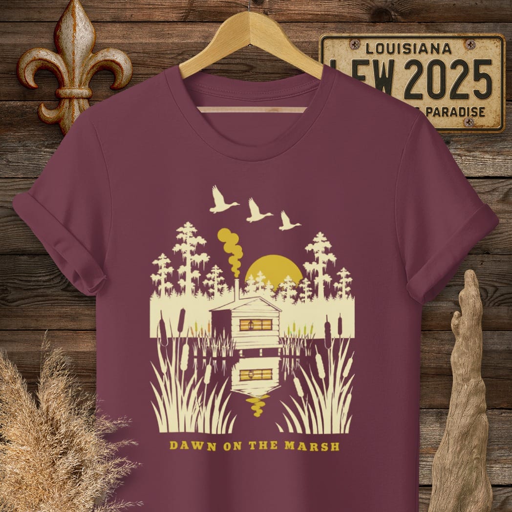 S / Maroon Louisiana Dawn on the Marsh T-Shirt by Laissez Faire Wear