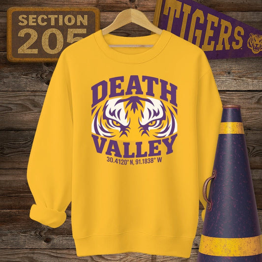 S / Gold Louisiana Death Valley Coordinates Game Day Sweatshirt by Laissez Faire Wear